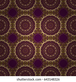 Elements in Victorian style on a purple backdrop. Ornate decor for invitations, greeting cards, thank you message. Golden floral seamless pattern. Vector greed and vignette for design.