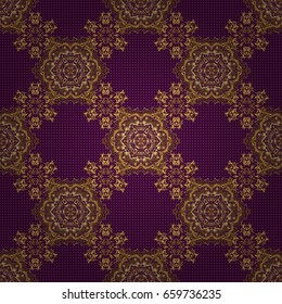 Elements in Victorian style on a purple backdrop. Ornate decor for invitations, greeting cards, thank you message. Golden floral seamless pattern. Vector greed and vignette for design.
