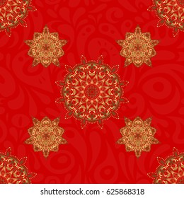 Elements in Victorian style on a red backdrop. Vector greed and vignette for design. Ornate decor for invitations, greeting cards, thank you message. Golden floral seamless pattern.