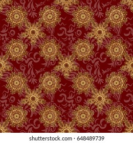 Elements in Victorian style on a red backdrop. Vector greed and vignette for design. Ornate decor for invitations, greeting cards, thank you message. Golden floral seamless pattern.