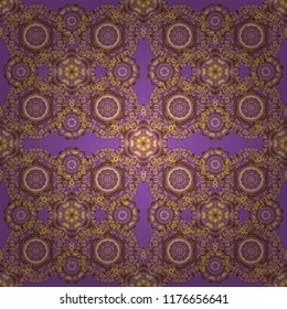 Elements in Victorian style on a violet backdrop. Vector greed and vignette for design. Golden floral seamless pattern. Ornate decor for invitations, greeting cards, thank you message.