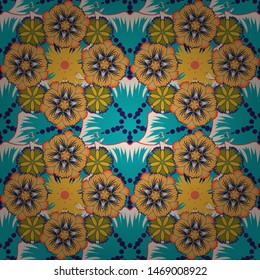 Elements in Victorian style. Ornate decor for invitations, greeting cards, thank you message in blue, yellow and orange colors. Vector greed and vignette seamless pattern for design.