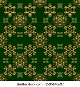 Elements in Victorian style. Vector greed and vignette seamless pattern for design. Ornate decor for invitations, greeting cards, thank you message in green and golden colors.