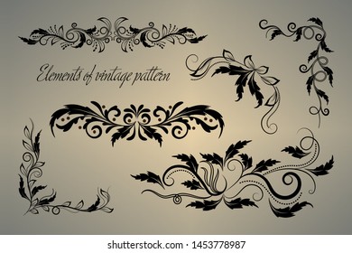 Elements of vintage pattern for websites, interior design, postcards or holiday invitations. Black patterns on a gentle gradient. Vector illustration.