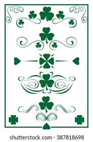 Elements in vintage style with clover leafs isolated on white background. Design elements for St. Patrick's Day. Vintage style frame, vignette with clovers. Vector editable illustration.