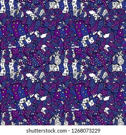 Elements violet, black and blue on colors. Seamless Print. Vector illustration. Cute fabric pattern. Flat doodles. Design.