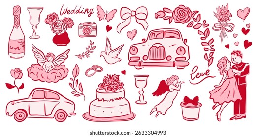 Elements of a Wedding Celebration Illustrated in a Beautiful Red Theme  Vector Graphics