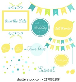 Elements of a wedding invitation in yellow and blue on a white background