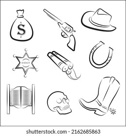 Elements of the Wild West. Hand drawn vector illustration: cowboy boots, hat, saloon doors, skull, revolver, horseshoe, money bag, 
dynamite, explosives, cowboy patch, sheriff badge, emblem. 