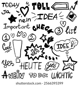 Elements and words in English and German. “Yes”, “no”, “important”, “today”, “cool”. Stars, harts arrows and exclamation mark. Hand draw, black pen with texture. Vector, isolated elements.