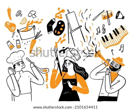 Elements of work: chef, painter, musician, Hand drawing vector illustration doodle style