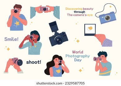 Elements for world photographer's day with lettering. Woman, man taking a photo. Camera