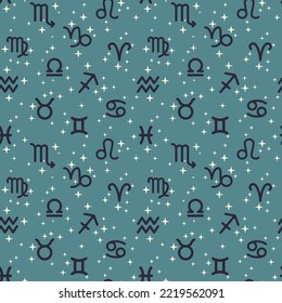 Elements of the zodiac signs on a blue background with stars. Repetitive seamless pattern for printing on textiles and paper. From bed linen to flyers.