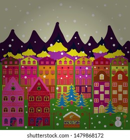 Elementson a green, brown and beige colors background. Of a country house in a flat style. Vector illustration.