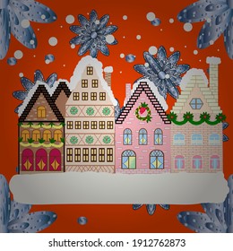 Elementson a orange, neutral and blue colors background. Of a country house in a flat style. Vector illustration.