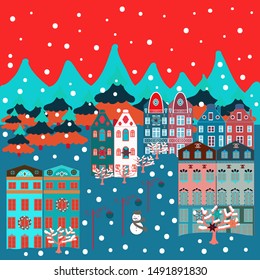Elementson a orange, red and blue colors background. Vector illustration. Of a country house in a flat style.