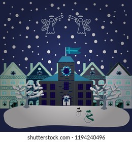 Elementson a violet, white and blue colors background. Vector illustration. Of a country house in a flat style.