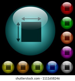 Elemet dimensions icons in color illuminated spherical glass buttons on black background. Can be used to black or dark templates