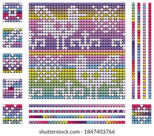 Elemets of Christmas knitting pattern with birds. Neon colors gradient background