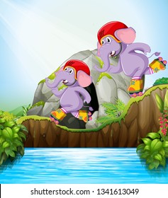 ELepehant playing roller skate in nature illustration