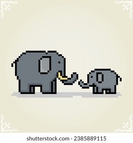 Elephant in 8 bit pixel art. Animals in illustrations of vector elephant mothers and their children.