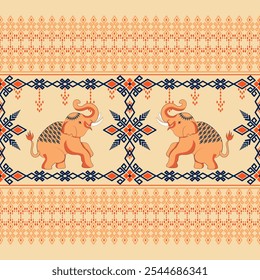 Elefante com padrão geométrico étnico abstrato, Tribal, Vintage, ameríndio, Navajo, bordado tradicional, Projetado para tecido, papel de parede de arte, têxteis, embalagem, tapetes. - Vetor