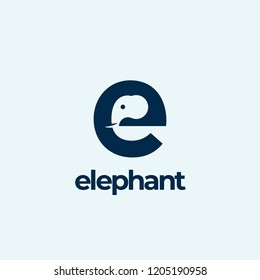 Elephant Abstract Vector Logo Template, Sign or Icon. Elephant Head Incorporated in the Letter E. Negative Space Concept with Modern Typography. Isolated.