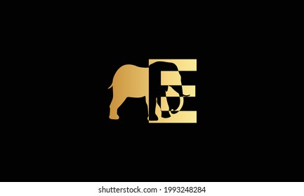 Elephant Abstract Vector Logo Template, Sign or Icon. Elephant Head Incorporated in the Letter E. Negative Space Concept with Modern Typography. Isolated.
