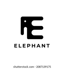 Elephant Abstract Vector Logo Template, Sign or Icon. Elephant Head Incorporated in the Letter E. Negative Space Concept with Modern Typography. Isolated.