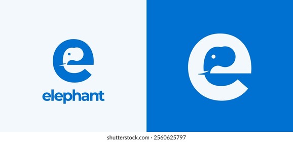 Elephant Abstract Vector Logo Template, Sign Icon. Elephant Head with Trunk Incorporated in the Letter E. Negative Space Creative Monogram Concept with Modern Typography. Isolated