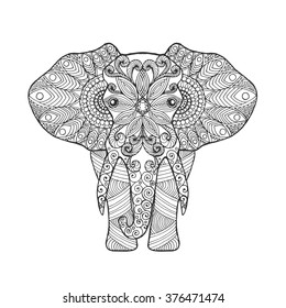 Elephant. Adult antistress coloring page. Black white hand drawn doodle animal. Ethnic patterned vector. African, indian, totem tribal, zentangle design. Sketch for tattoo, poster, print, t-shirt