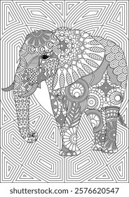 Elephant Adult Coloring Page Vector Line Art