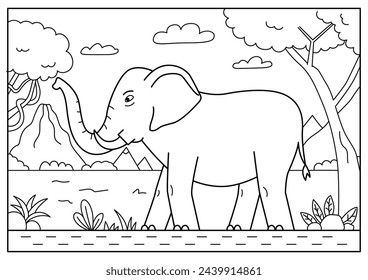 Elephant in Africa. Black and white vector illustration for coloring book.