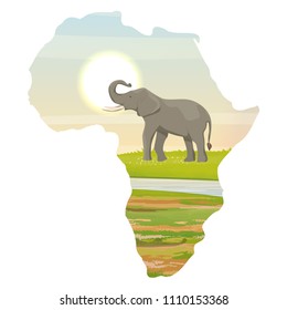 Elephant in the African savannah. River. Realistic vector landscapes in the form of a map of the continent of Africa. The nature of Africa. Reserves and national parks.