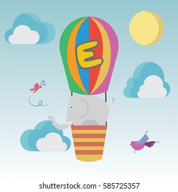 a elephant in air balloon with e alphabet for elephant cartoon vector