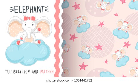 Elephant with air balloon - seamless pattern. Hand draw