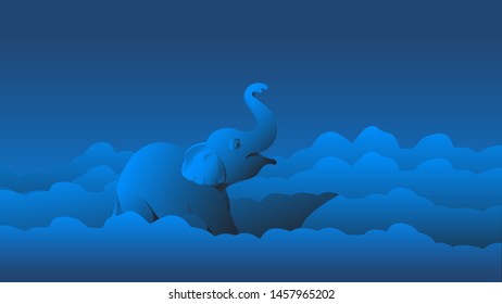 Elephant among forest trees in the night dark. Vector illustration.