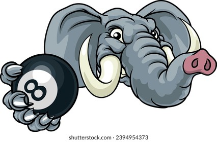 An elephant angry mean pool billiards mascot cartoon character holding a black 8 ball. 