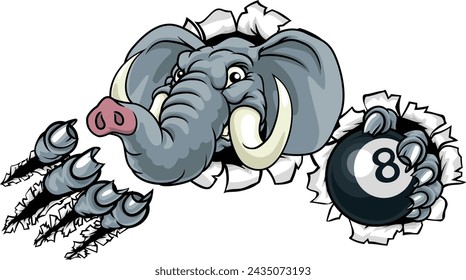 An elephant angry mean pool billiards mascot cartoon character holding a black 8 ball. 
