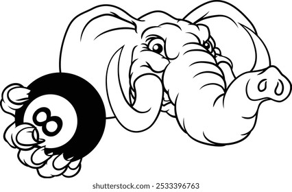 An elephant angry mean pool billiards mascot cartoon character holding a black 8 ball. 