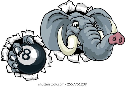 An elephant angry mean pool billiards mascot cartoon character holding a black 8 ball. 