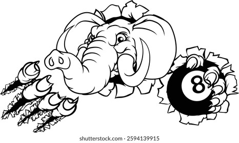 An elephant angry mean pool billiards mascot cartoon character holding a black 8 ball. 