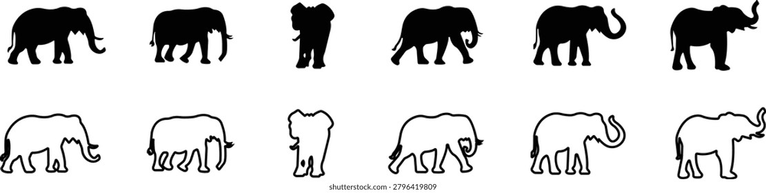 Elephant Animal Black Flat Line Style Vector Icon Set, Wildlife Mammal Symbol Collection and Nature Safari Outline Graphic Group Featuring Elephant, Pachyderm and Jumbo