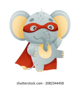 Elephant Animal Character Superhero Dressed in Mask and Red Cape or Cloak Vector Illustration