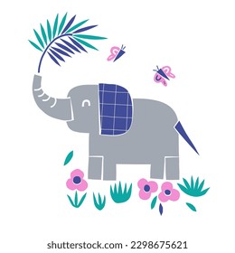 Elephant animal paper shape cutouts style vector illustration. Scandinavian childish tropical safari summer pre-made print design.