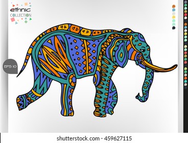 Elephant. Animal patterns with hand-drawn doodle waves and lines. Vector illustration in bright colors.