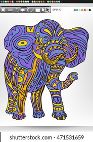 Elephant .Animal patterns with hand-drawn doodle waves and lines. Vector illustration in bright colors.