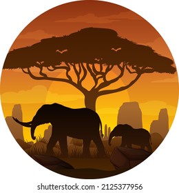 Elephant animal silhouette in savanna forest illustration