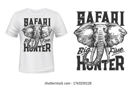 Elephant Animal T-shirt Print Mockup, Vector African Safari Hunting Sport. Custom Apparel Template Of Hunter Club With Head Of African Or Indian Elephant And Big Five Game Animal Lettering