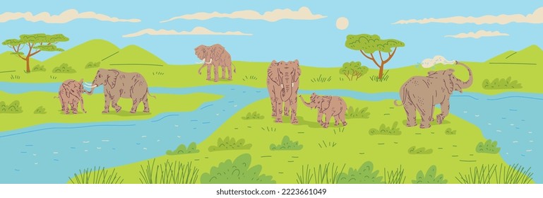Elephant animals in the wild or nature reserve, flat vector illustration. Background or scenery with elephant families in landscape with pond at a watering hole.